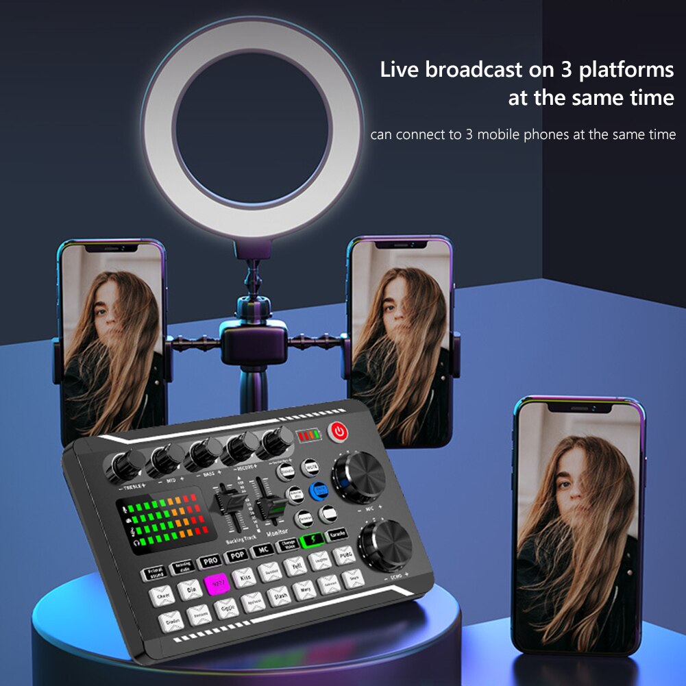 F998 Bluetooth-Compatible Sound Card Studio Record Phone Live Audio Mixer Colorful Multi-Function Live Singing Equipment