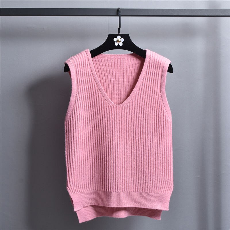 Strikket vest med v-hals, koreansk stil ensfarvet vest til kvinder løs vest stribet slim sweater frakke: Lyserød