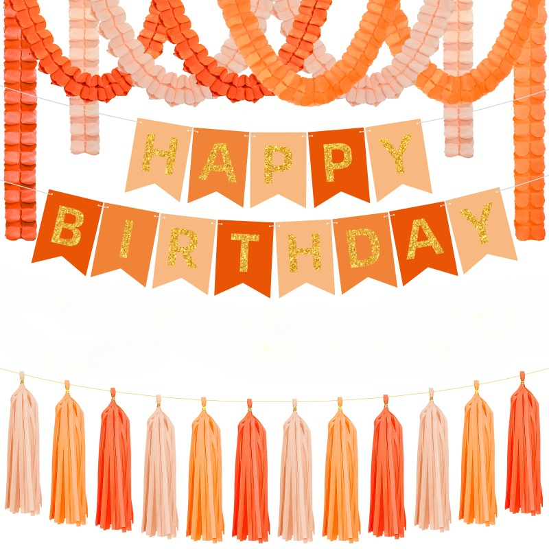 Orange Happy Birthday Banner Decorations Boho Happy Fall Birthday Party Paper Garland Pompom Flower Fan Tassel Streamer Supplies