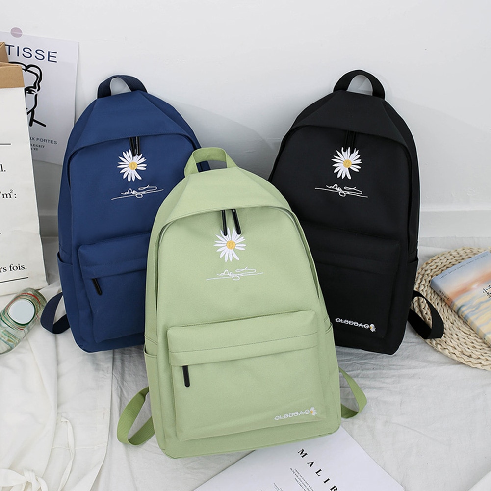 Canvas Women Backpack Shoulder Bag Daisy Flower Embroidery School Bag