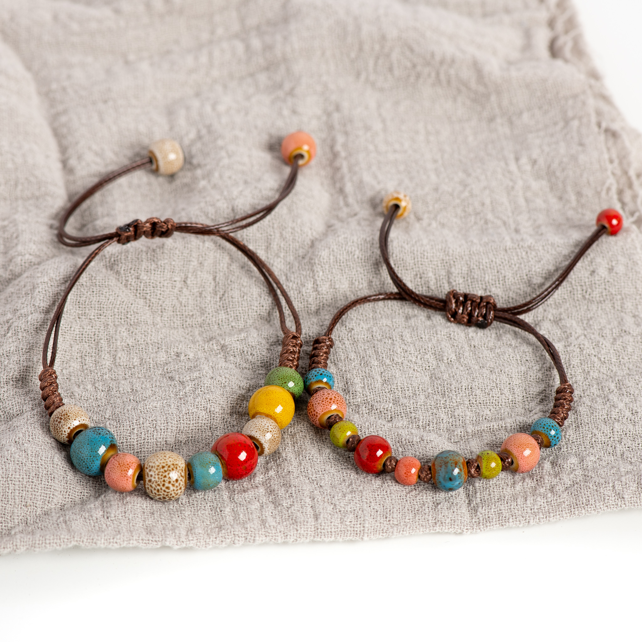 Bohemian Ceramic Bead Bracelet with Adjustable Cord 15-25cm for All Wrist Sizes