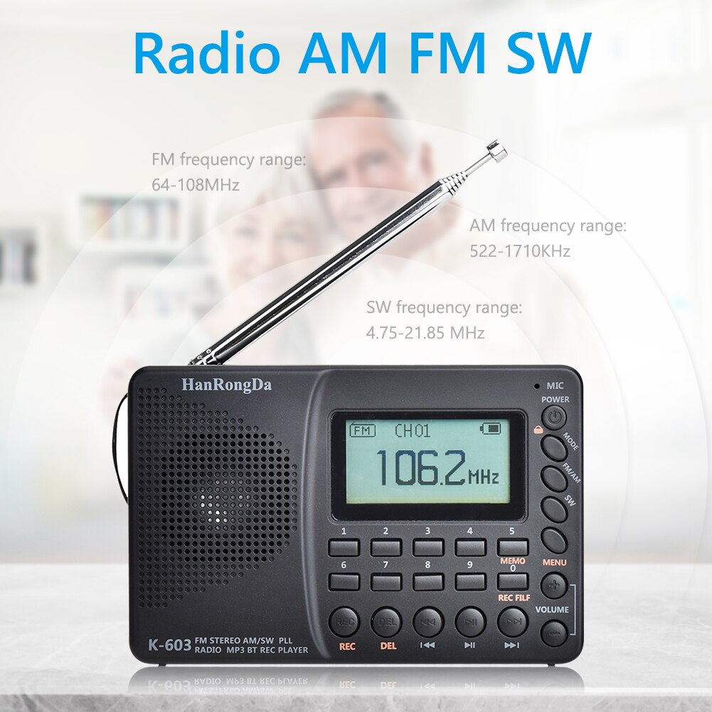 K-603 Portable Digital Radio LCD Display FM AM SW Radio With BT Speaker Power-off Memory Function Radio