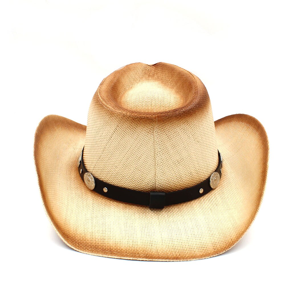 Sombrero vaquero de paja con banda de cuero de para Hombre y mujer, Sombrero occidental, gorros de vaquera, talla 58CM