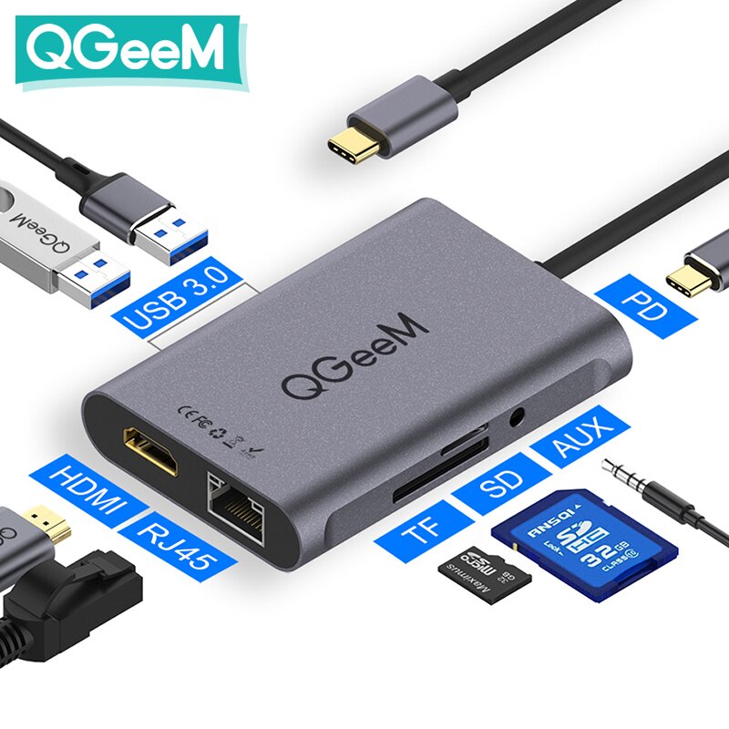 QGeeM USB C Hub voor Macbook Pro Air Triple Display Type C Hub naar Dual 4K HDMI & DP SD Micro SD-kaartlezers RJ45 Aux PD-oplader OTG Multi USB Hub Type C Dock 3.0 Adapter Splitter voor Notebook Laptops PC-accessoires: 8 Ports Alu-Alloy