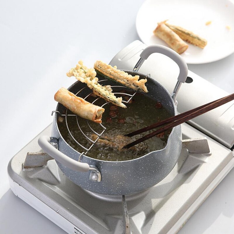 Tempura Frying Pot Japanese Style Deep Fryer Potable Frying Pots with Drain Rack Multi-Function Fryer Protable Non-Stick Pot Kit