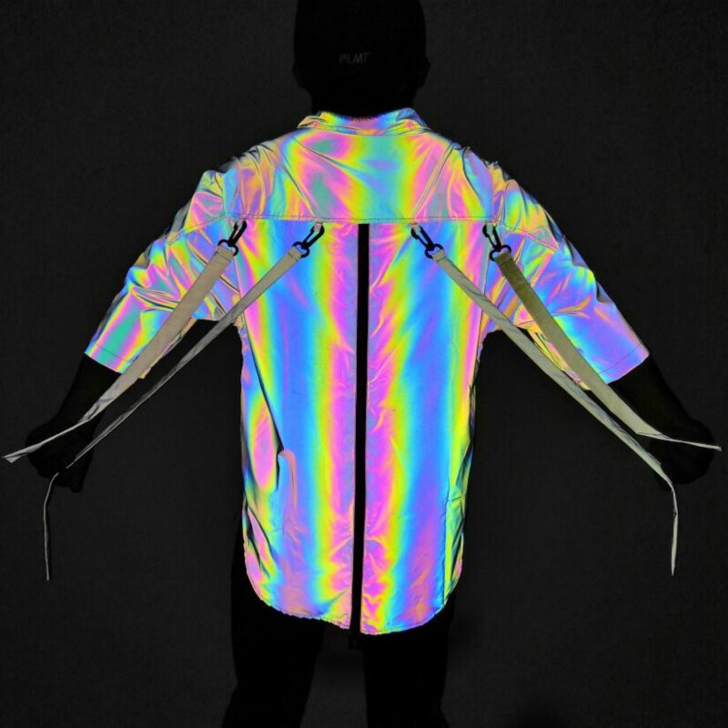 Reflective Light Blouse Men Rainbow Casual Shirts Plus Size Back Long Zipper Detachable Colourful Ribbons Hip Hop Streetwear