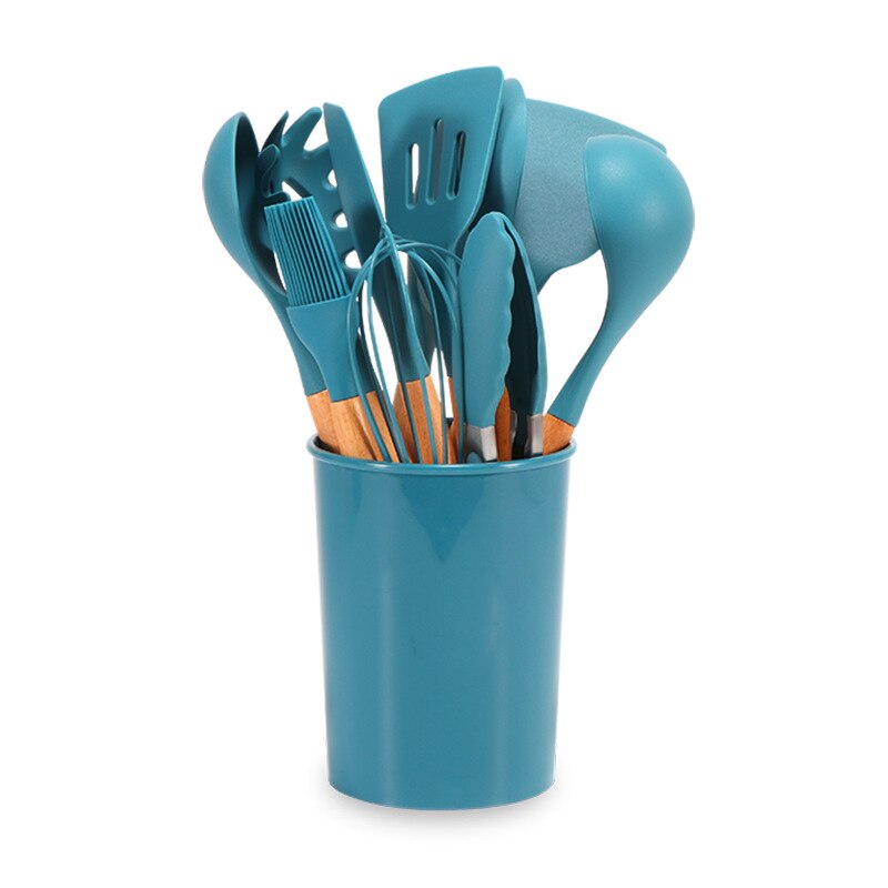 Silicone Kitchenware Cooking Utensils Set Non-stick Cookware Spatula Shovel Egg Beaters Wooden Handle Kitchen Cooking Tool Set: Blue