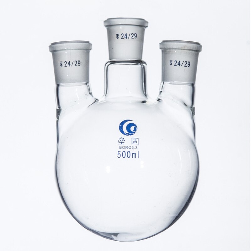 Rechte Drie Halzen Glazen Kolf Ronde Bodem Hoge Borosilicaatglas Kolf Laboratorium 3-Halzen Reactor Dikke Sectie