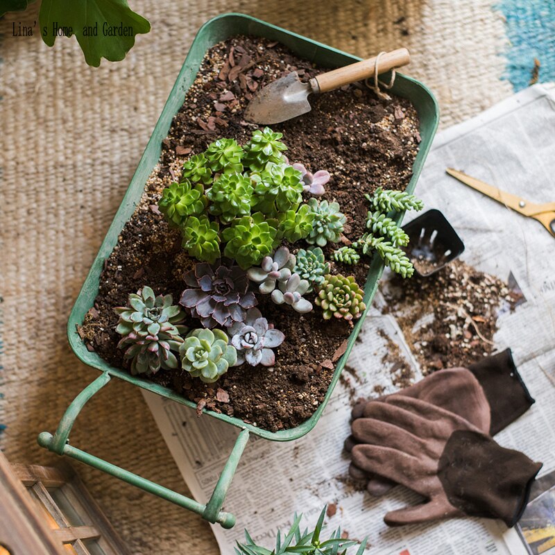 hand made antique retro green metal flower cart planters