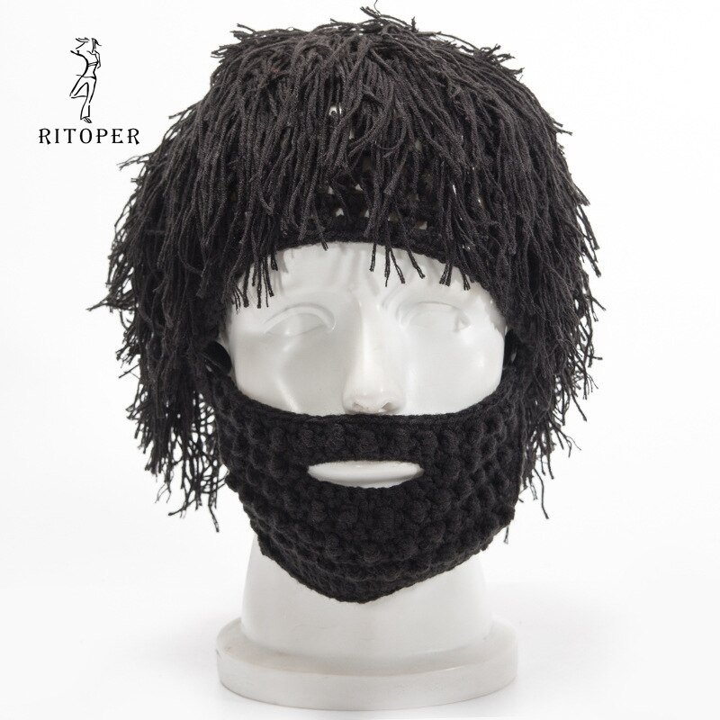 RITOPER Wig Beard Hats Hobo Mad Scientist Caveman Handmade Knit Warm Winter Caps Men Women Halloween Funny Party Beanies