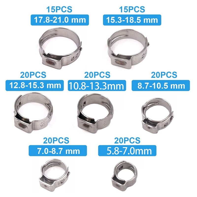 Cinch Clamp Rings, Single Ear Stepless Hose Clamps Assortment Kit, Crimp Pinch Fitting Tools,304 Stainless Steel(130Pcs)
