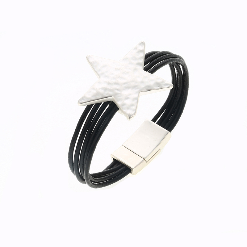 Legierung Stern Magnet Taste Multilayer Leder Charm Armreif 3 Farben Gold Silber Armreifen Für Frauen