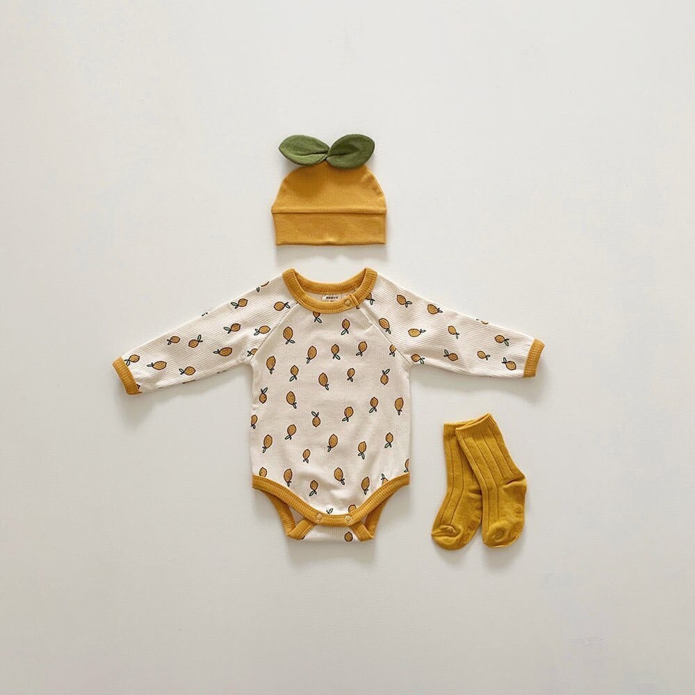 Nyfødt baby pige dreng bodysuit bomuld efterår citron print jumpsuit langærmet baby bodysuit med hat 2 stk baby tøj outfits: Ycm 221 beige / 6m