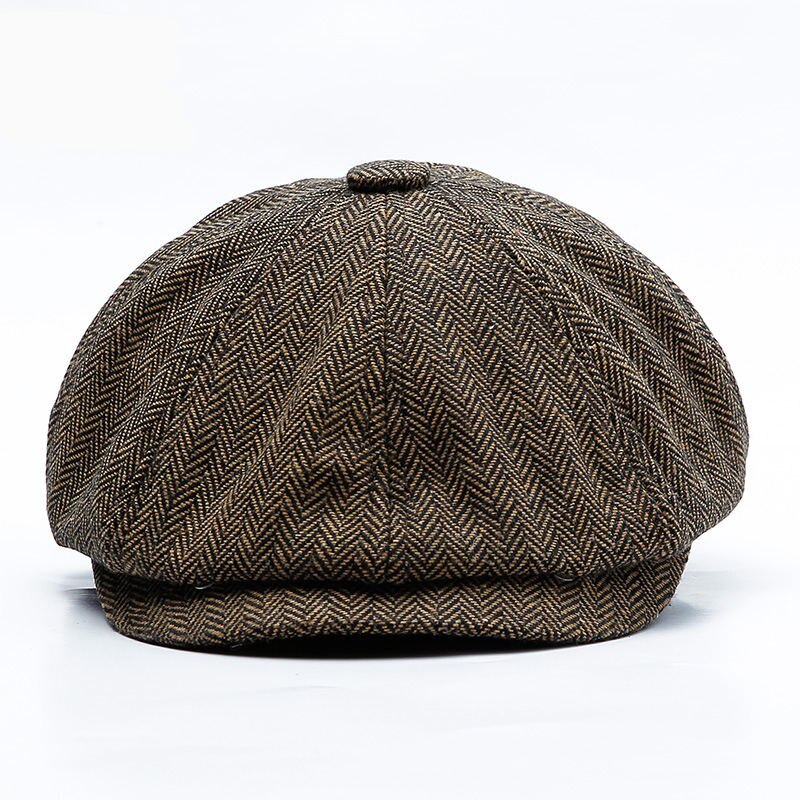 Basker unisex höst vinter tidningspojke hatt män kvinnor varm tweed åttakantig keps för manliga detektiv hattar retro platta kepsar: Svart brun / Monterad 58cm