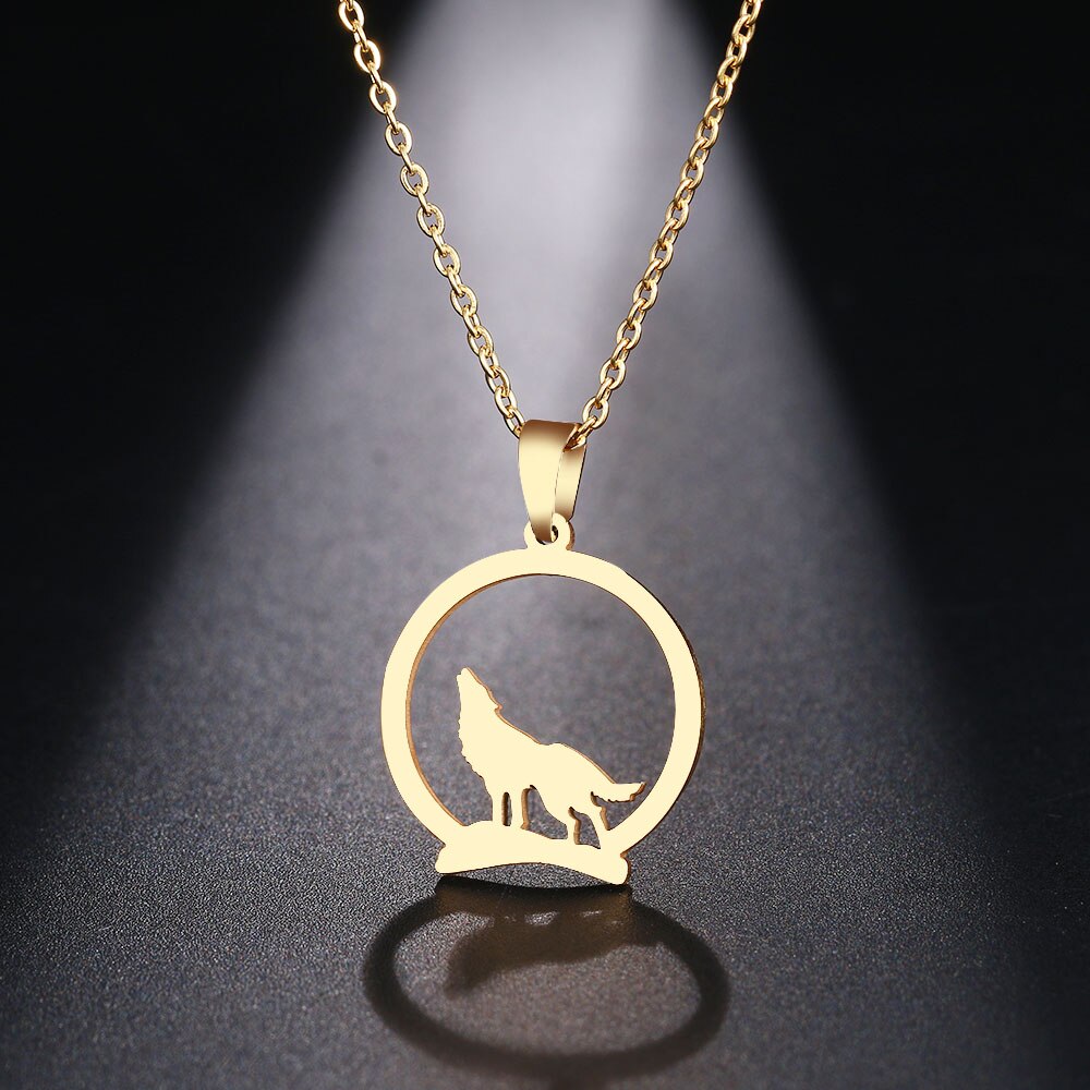 DOTIFI Stainless Steel Necklace For Women Man Wolf On The Hill Pendant Choker Necklace Engagement Jewelry: Gold-color