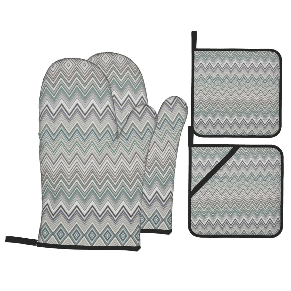 ZigZag Oven Mitts and Pot Holders 4pcs Set for Baking Cooking Non-Slip Heat Resistant Geometric BBQ Kitchen Gloves Potholders: dark blue