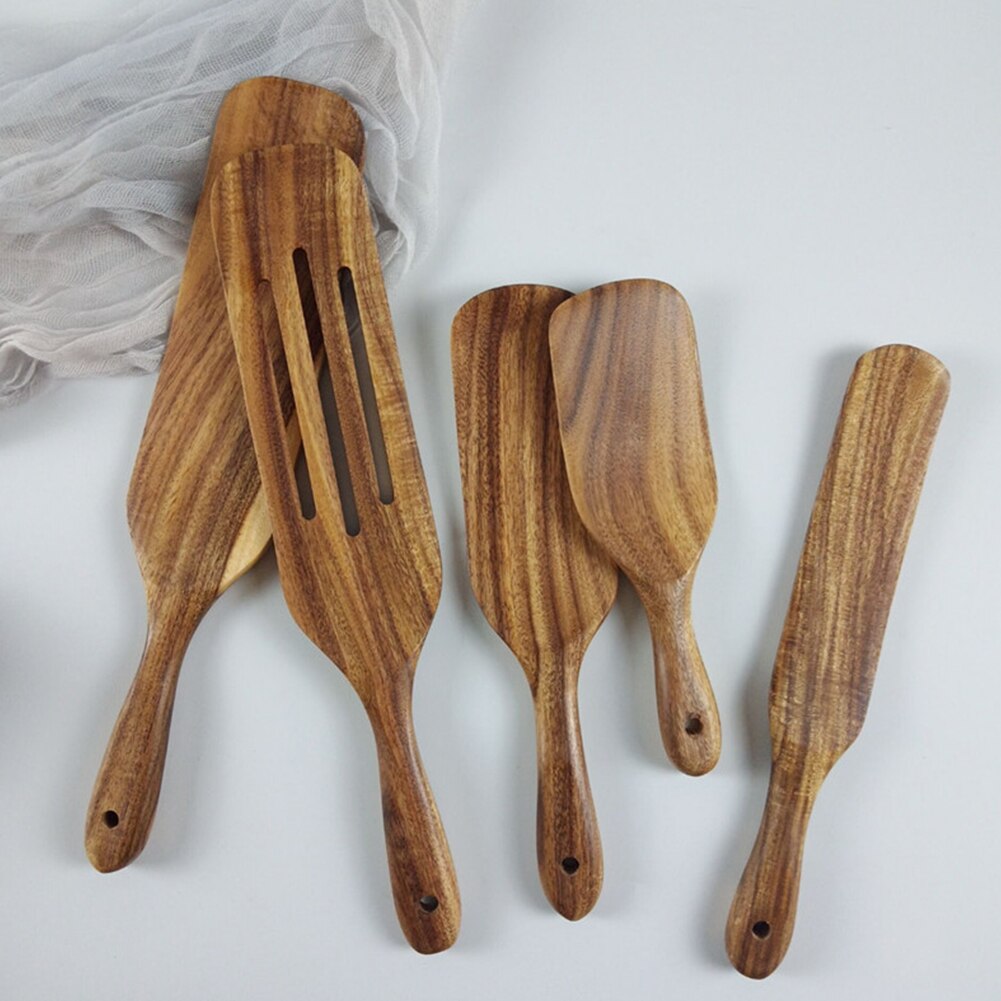 5pcs Stirring Serving Cooking Utensil Spatula Home Non Stick Kitchen Tool Slotted Turner Wooden Spurtle Set Mixing Restaurant