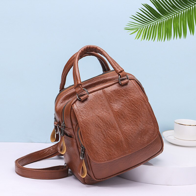 Sac à dos en cuir Pu souple pour femmes, sacoche Style, tendance Simple collégiale Style , décontracté: Marron clair