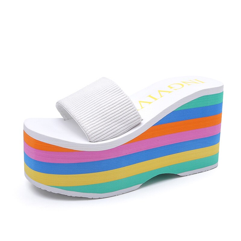 Hohe EVA Sohle Frauen Regenbogen streifen Rutschen Plattform Keil Dicken Boden Schuhe High Heels sandalen hausschuhe: WHITE / 4,5