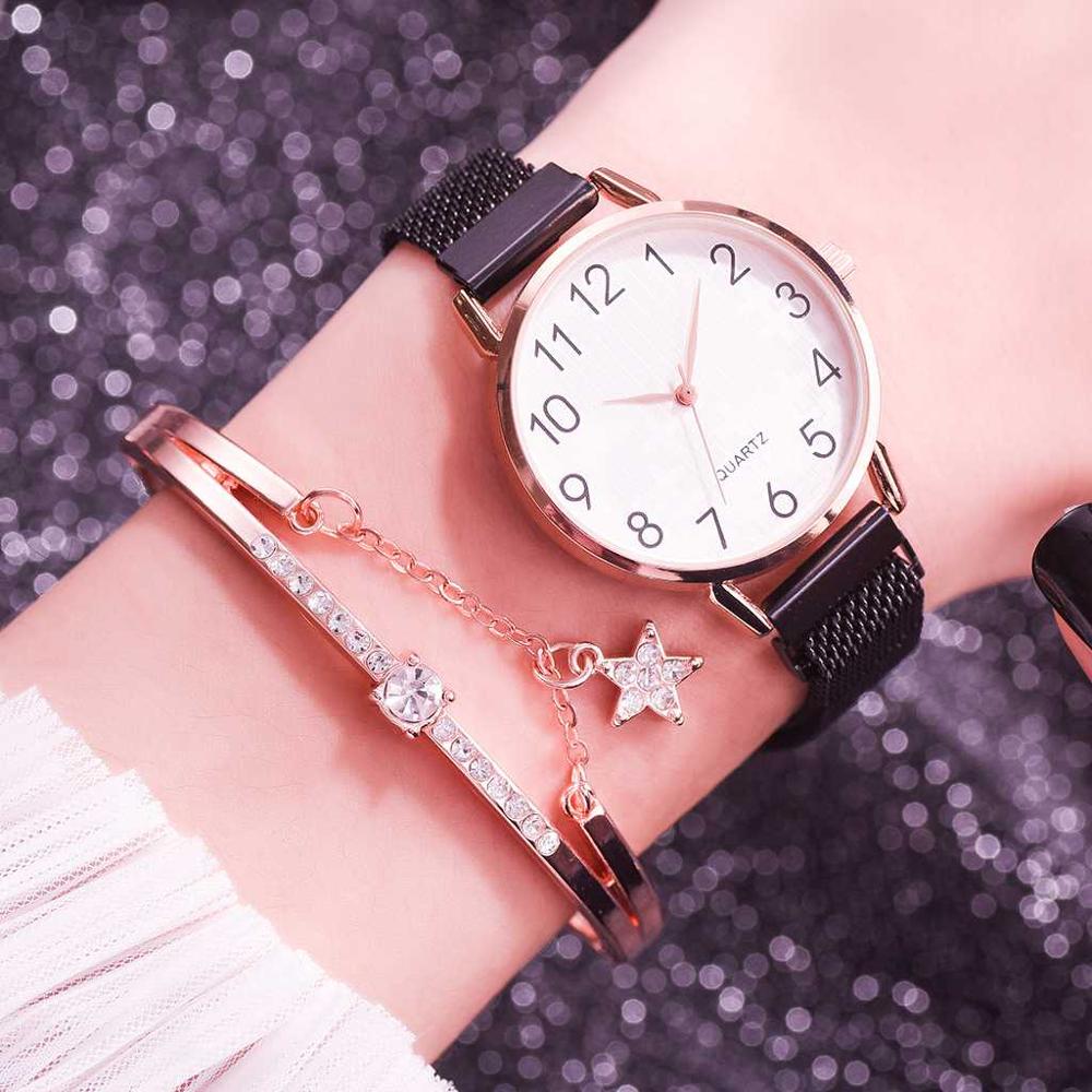 Ensemble de 2 montres pour femmes avec bracelet en maille magnétique et aimant en or, montres à quartz à chiffres arabes pour femmes