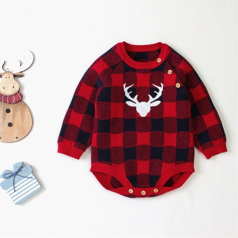 Navidad recién nacido bebé niña Bodi tejido Xmas Deer manga larga botón O cuello Plaid mono básico: Recién nacido