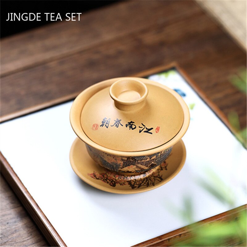 Chinese Yixing Paarse Klei Gaiwan Ruwe Erts Sectie Modder Handgeschilderd Thee Kommen Traditie Waterkoker Thee Set Huishoudelijke Drinkware