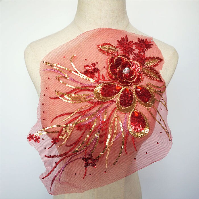 Gouden pailletten 3d bloemen kwastjes kantversieringen strass mesh naai-patches borduurwerk voor bruiloft applicaties decoratie doe-het-zelf: Rood
