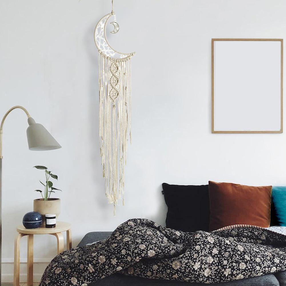 Moon dreamcatcher macrame bomull vävt bohemiskt vägghängande gobelängsmycke för flicka sovrum vardagsrumsdekoration