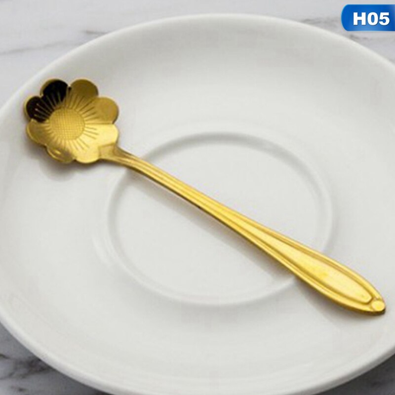 Tableware Coffee Stirring Spoon Ceramic Handle Flower Scoop Stainless Steel Gold Plated Cherry Rose Spoons Kitchen Tools: H05