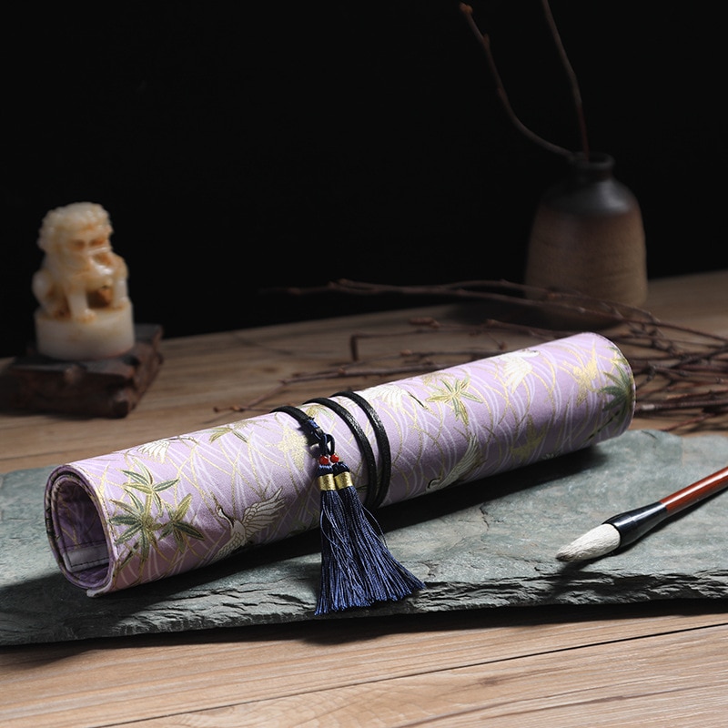 1 pc Der Antike Chinesische Stil Künstler Pinsel Tasche Wrap 10 Löcher Baumwolle Charateristic Muster Quaste Anhänger L S größen: Small Purple Crane