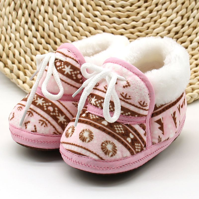 Cute Baby Shoes Spring Warm Soft Baby Retro Printing Shoes Cotton Padded Infant Baby Boys Girls Soft Boots 6-12M