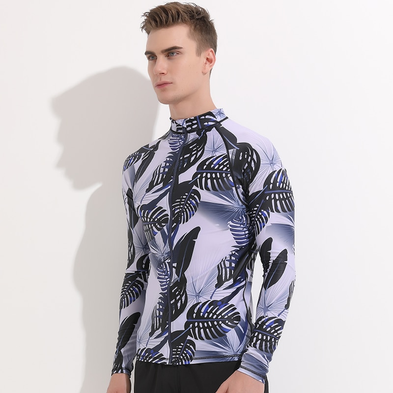 Men's Long Sleeve Zip Front Rash Guard Surf Swim Shirt Sun Protection UPF 40+ High Crew Neck Rashguard Tops UV Suits Print