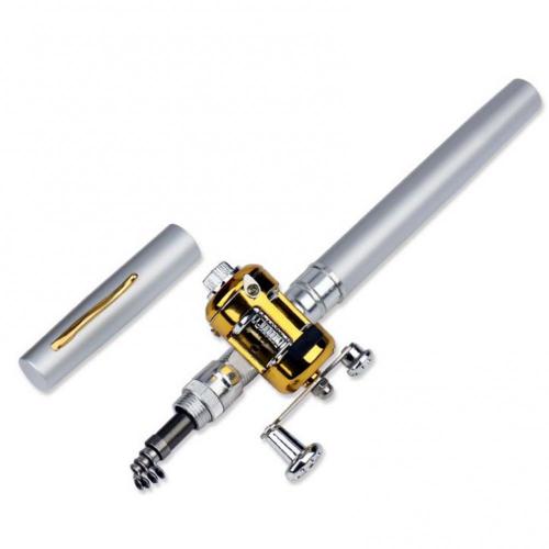 Portable Fishing Telescopic Pole Pen Shape Folded River Lake Rod with Reel Wheel: Silver