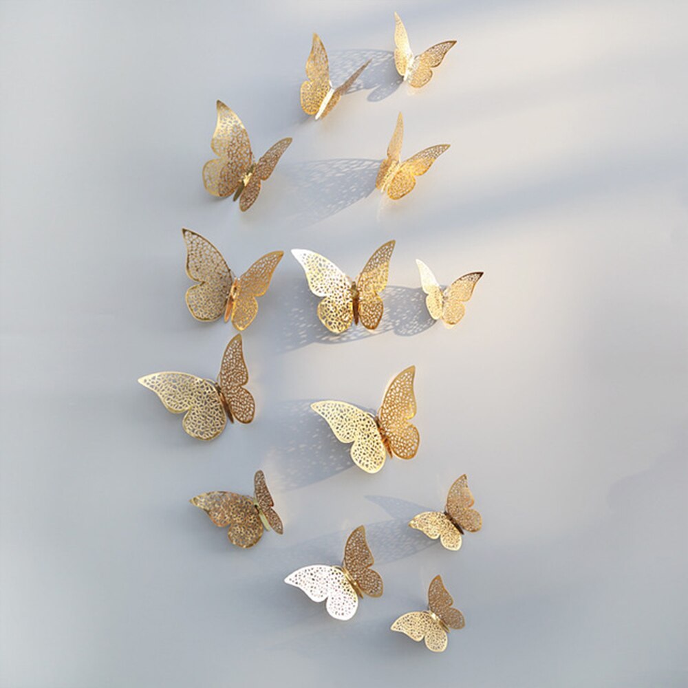 12pcs/set Hollow 3D Butterfly Wall Sticker for Wedding Decoration living room window Home Decor Gold silver Butterflies stickers: Glod B