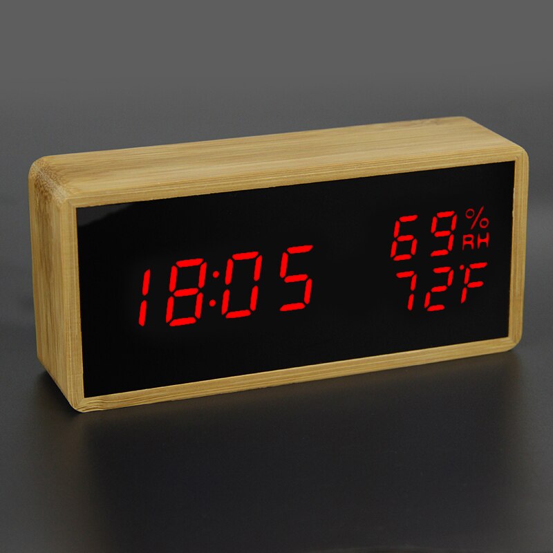 100% Bamboo Digital Alarm Clock Wooden LED Table Clock Electronic Despertador Desk Brightness Voice Snooze Control Temperature: 87-Red