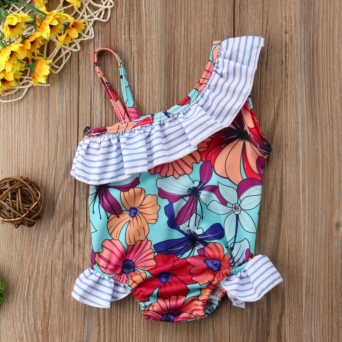 Girl’s Ruffles One Piece Suits Swimsuit Cute Flower Pattern One Shoulder Suspender Swimsuit Beach Suit wear