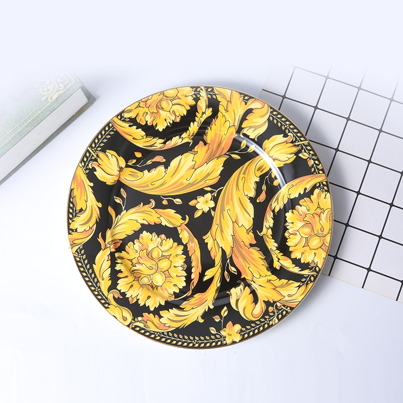 Luxury Porcelain Gold Dinner Plate Kitchen Accessories Dinnerware Serving Flower Plate For Dessert Food Eruope Dishes Bone China