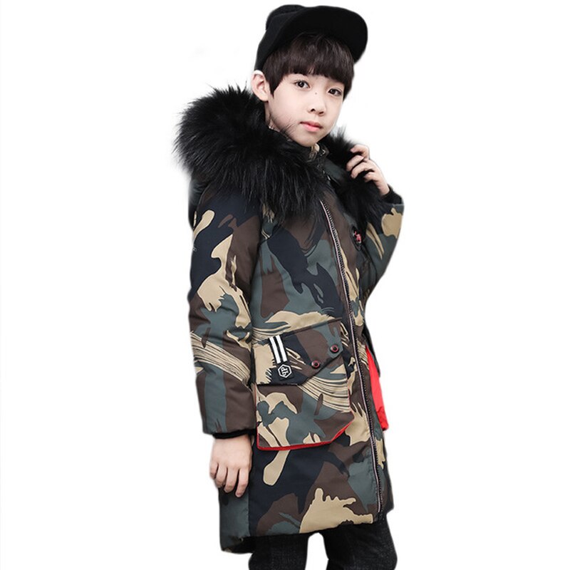 5-15 ans veste d'hiver pour garçon Camouflage doudoune avec fermeture éclair garçons fourrure vêtements d'extérieur à capuche enfants Long manteau TZ530
