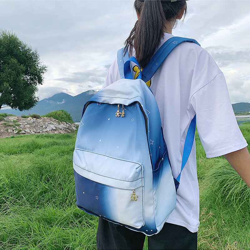 Fresh Blue School bags for Girls Oxford Cloth Gradient Women Backpack Boys Starry Sky Schoolbag: Blue