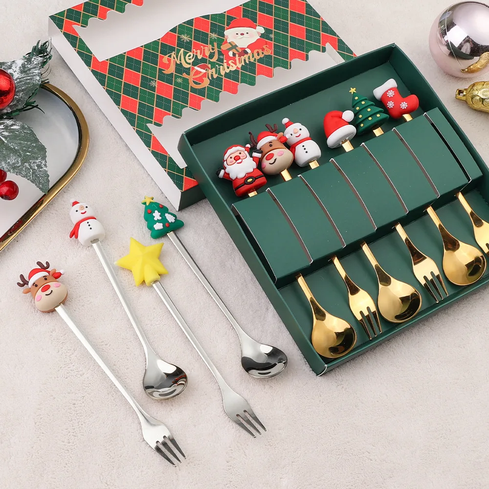 4 stks/set Kerstcadeau Goud Zilveren Lepel Vork Set Elanden Kerstboom Decoratie Dessert Scoop Fruit Vork Koffielepel Bestek