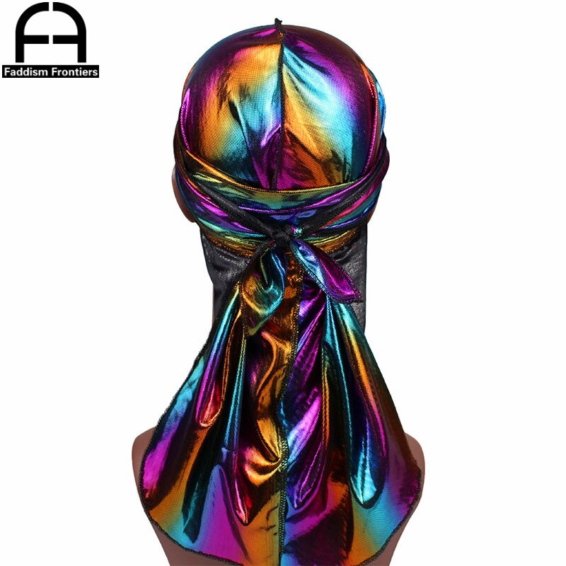 Menns fargerike glitrende durags turban bandanas menn skinnende silkeaktig durag hodeplagg hodebånd hårdeksel tilbehør bølgekapper kluter lue