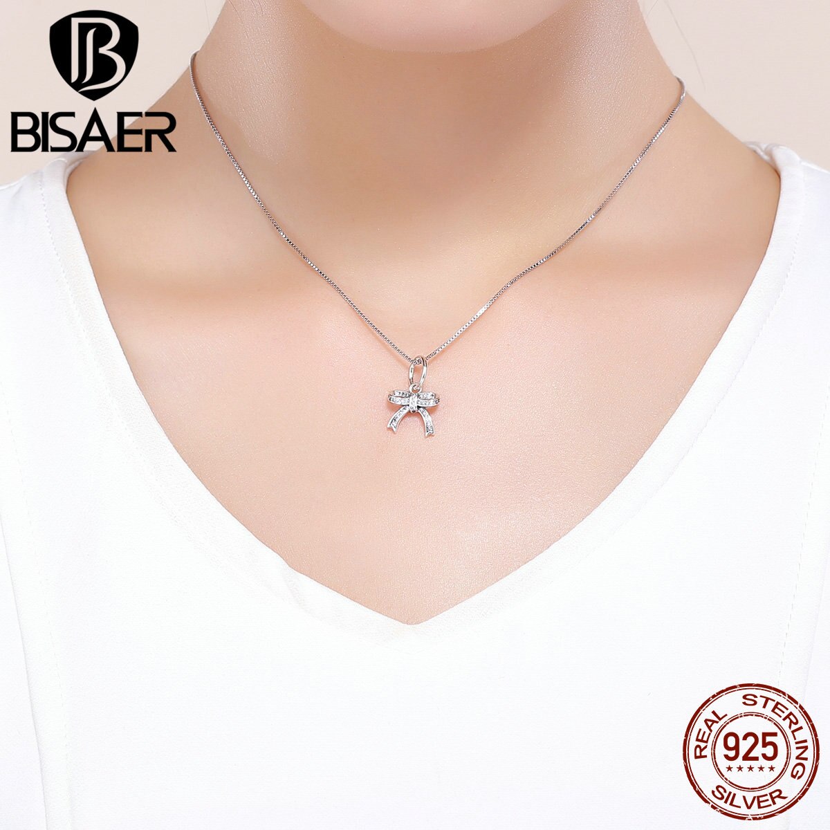 BISAER Real 925 Sterling Silver Dazzling Bowknot Charms Bowknot Clear CZ Beads Fit for Bracelet Silver 925 Jewelry Making ECC775