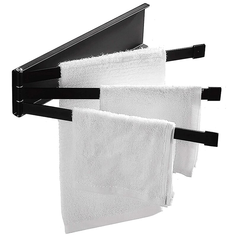 Porte-serviettes pivotant noir mat, barre porte-serviettes murale pivotante à 3- bras pour rangement de salle de bain et cuisine