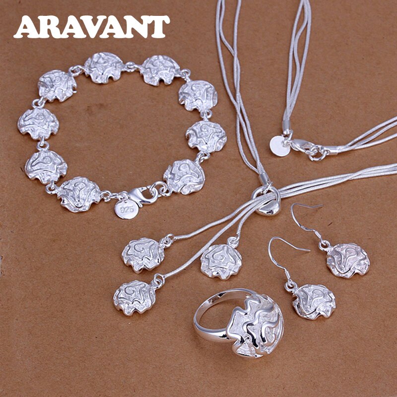 925 sølv smykker romantisk rose blomst halskæde ørering ring armbånd sæt til kvinder bryllup smykker