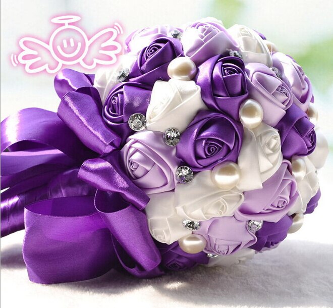 Top Cream Pink Hand Made Decorative Artificial Silk Rose Flower Bride Bridal Crystal Wedding Bouquets: Purple