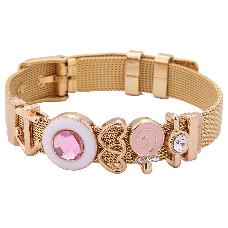 Baopon roze lolly schuifbedelarmband voor dames en kinderen, roestvrij staal, hart-tot-hart mesh armband, armbanden, sieraden: Gouden kleur