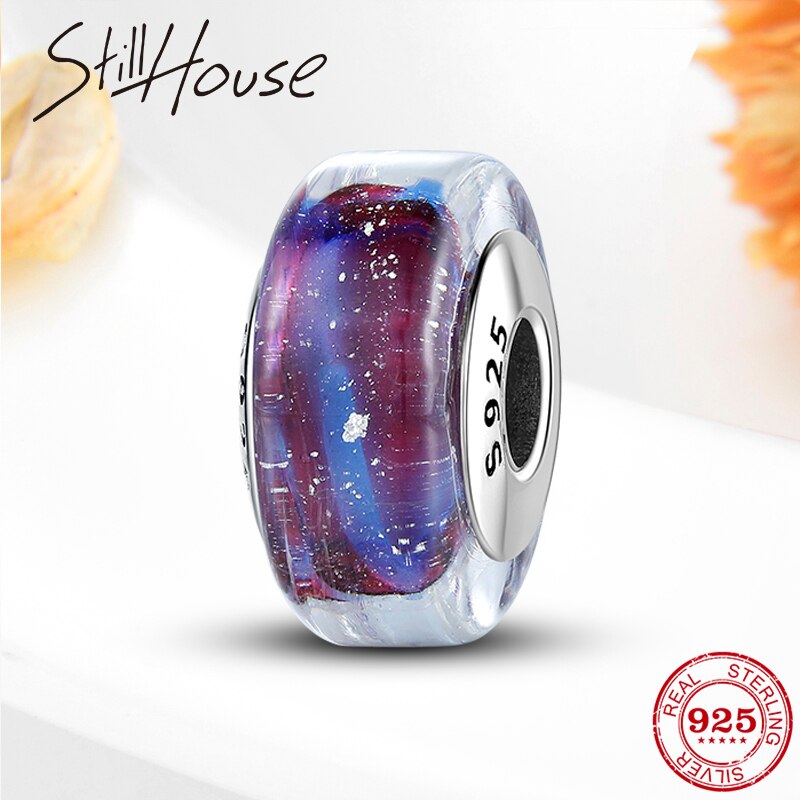 925 prata esterlina diy moda roxo e azul contas de vidro caber original europeu charme pulseira jóias fazendo