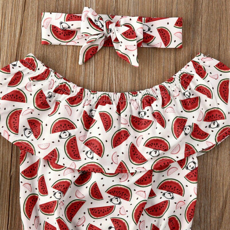 Estate casual Del Bambino Del Capretto Del Bambino Vestiti Della Ragazza Set Off Spalla Anguria Stampa Magliette e camicette Pantaloni di Scarsità Outfits Set