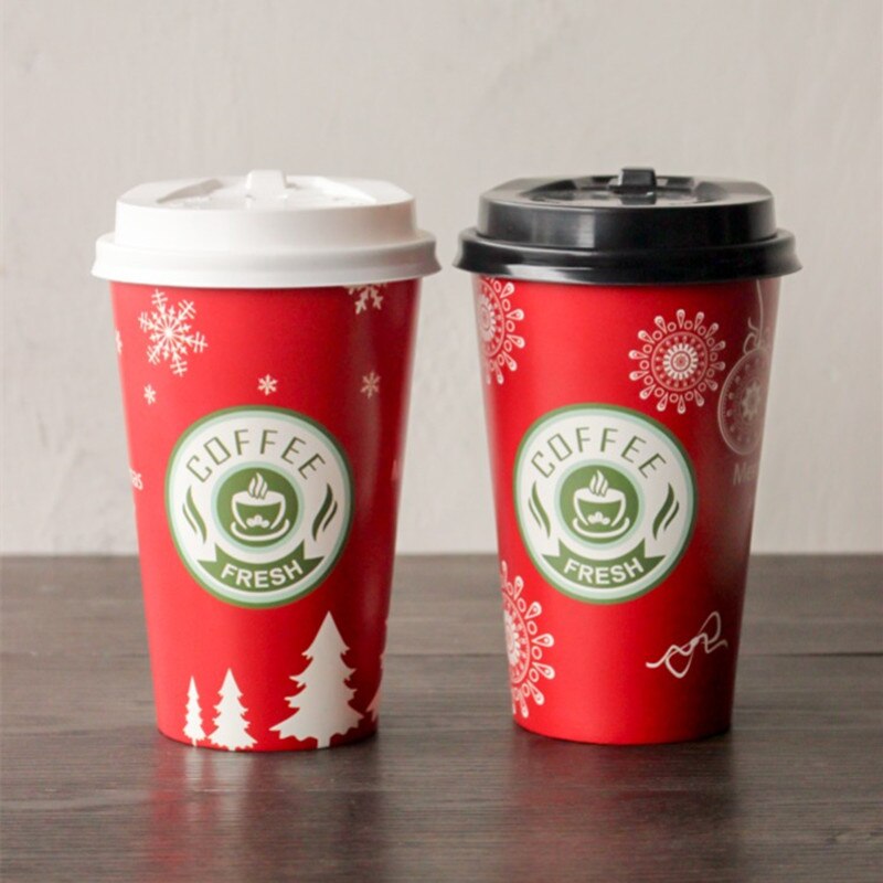 50 stuks kerstbekers 500ml rode tekeaway-verpakkingen wegwerpbekers feestgunst koffie thee verdikking papieren bekers met deksel