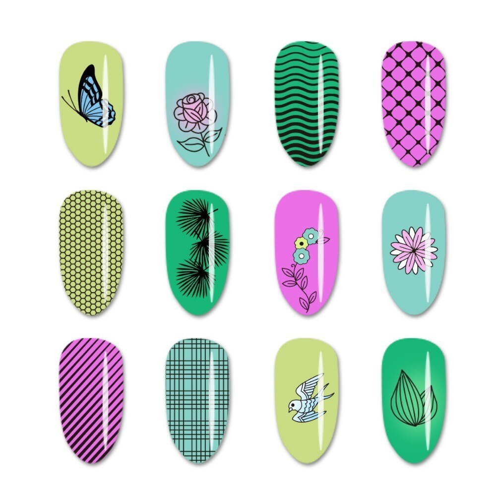 Beautybigbang Nail Art Stamping Plate Stainless Steel 12cm Butterfly Flower Plaid Bird Image Nail Stamping Template Mold XL-042